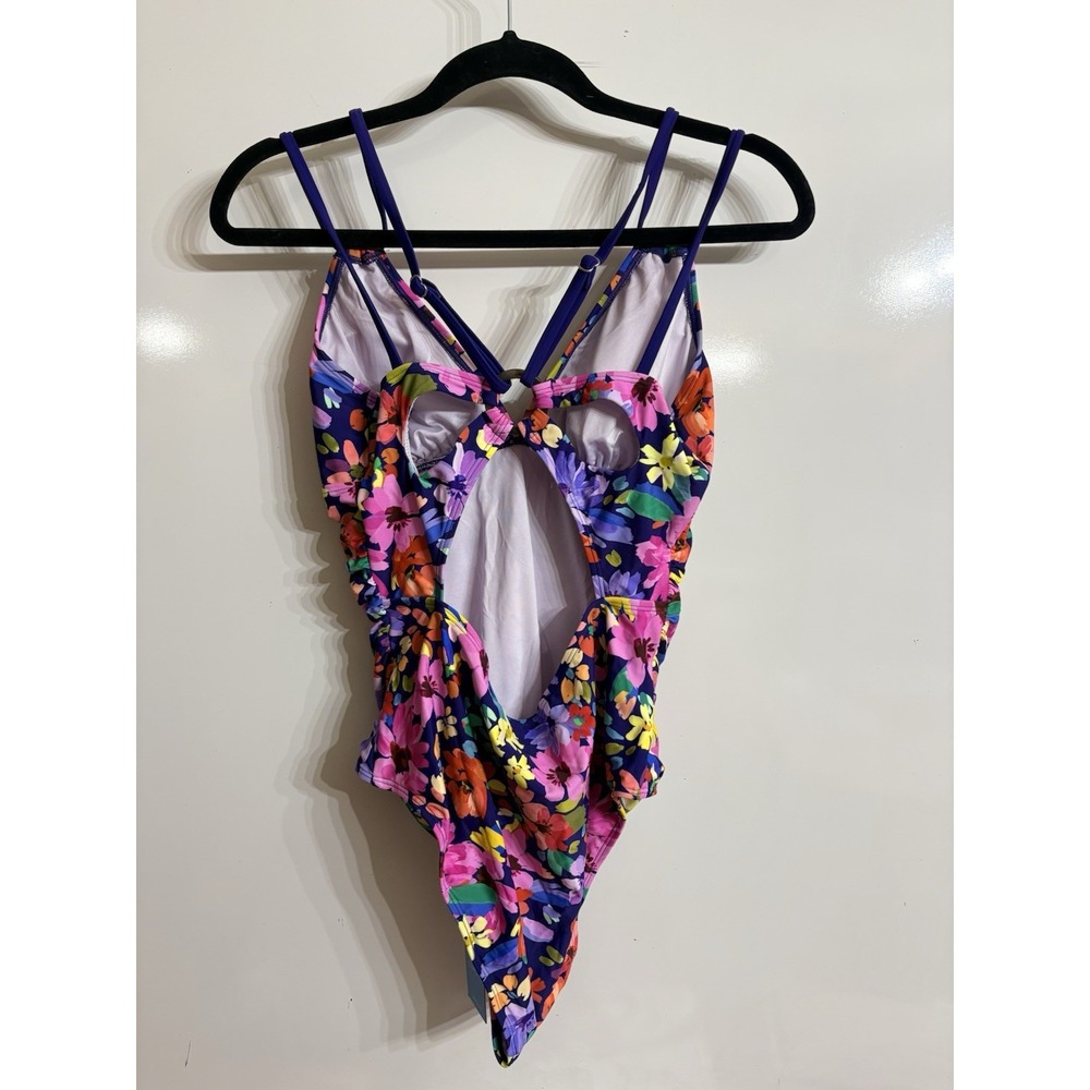 New Cupshe Women's L One-Piece Swimsuit V-Neck Back Ring Floral Navy/Multicolor - Picture 4 of 5